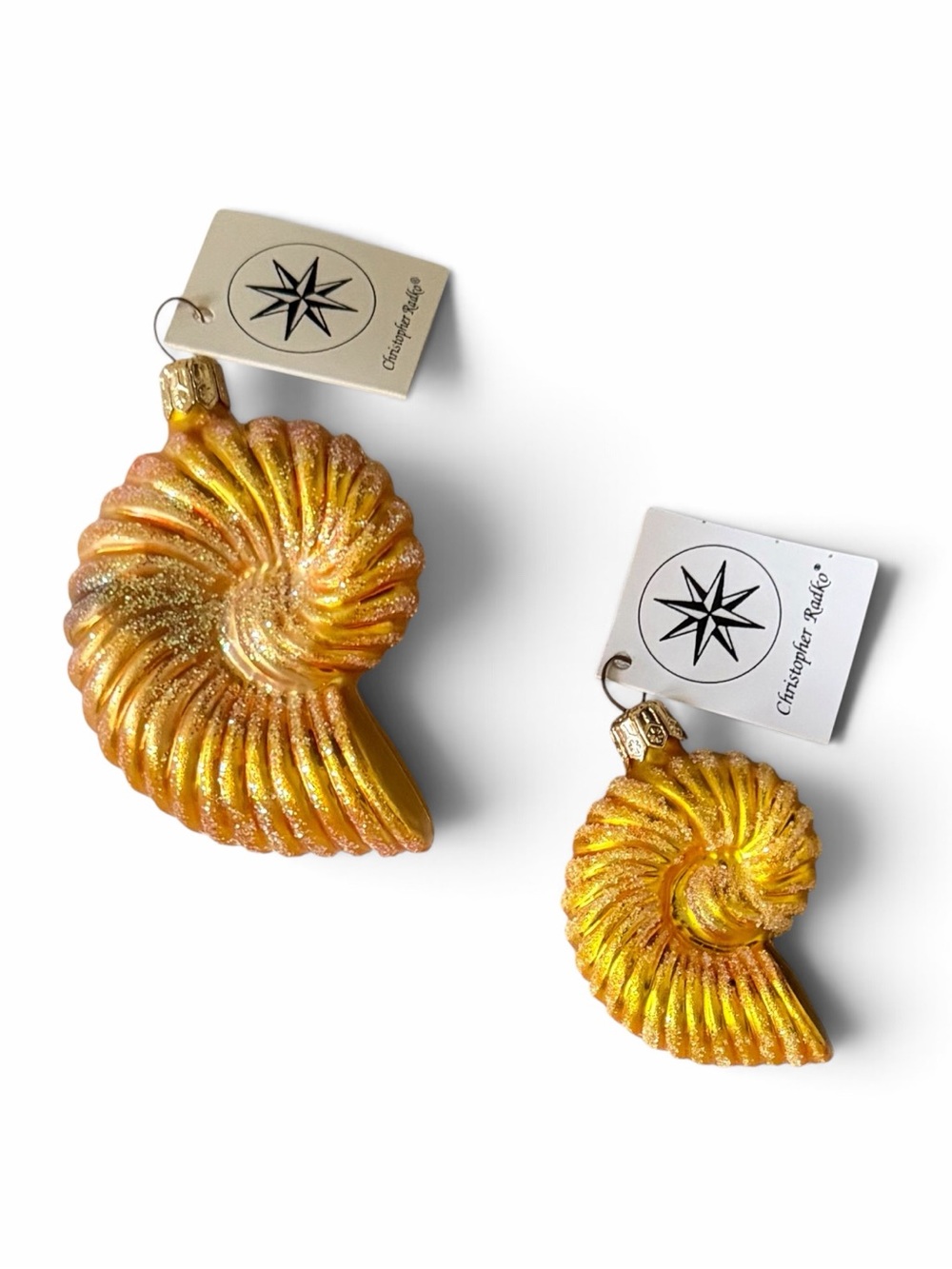 Christopher Radko Gold Tiny & Jumbo Nautilus Shell Glass Christmas Ornaments